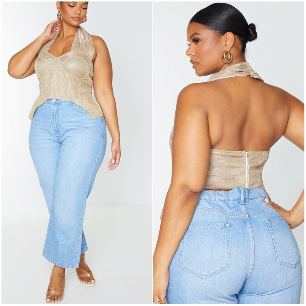 PrettyLittleThing Gold Glitter Halter Neck Corset Top | Size US 26 | NWT